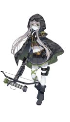 Rule 34 | 1girl, black cape, black footwear, black gloves, boots, bowgun, cape, formation girls, full body, gloves, goggles, goggles on head, green eyes, grey skirt, highres, hiiragi souren, holding, holding weapon, looking at viewer, midriff, navel, partially fingerless gloves, pleated skirt, reina huchsbelger, silver hair, skirt, solo, transparent background, weapon