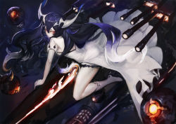 Rule 34 | 10s, 1girl, abyssal ship, anchorage water oni, black hair, boots, female focus, glowing, glowing eyes, gods (1073337800), highres, horns, kantai collection, long hair, orange eyes, pale skin, sketch, solo, turret
