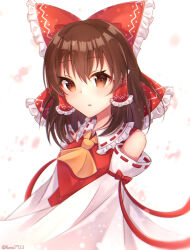 Rule 34 | 1girl, ascot, blush, bow, breasts, brown eyes, brown hair, collared shirt, detached sleeves, frilled bow, frilled hair tubes, frilled shirt collar, frills, hair between eyes, hair bow, hair tubes, hakurei reimu, highres, large bow, looking at viewer, medium hair, open mouth, red bow, red ribbon, red shirt, ribbon, ribbon-trimmed sleeves, ribbon trim, runa (runa7733), shirt, simple background, sleeveless, sleeveless shirt, small breasts, solo, touhou, upper body, white background, wide sleeves, yellow ascot