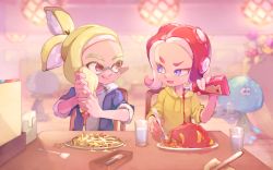 Rule 34 | 1boy, 1girl, :q, blonde hair, blue eyes, blue jacket, blurry, blurry background, brown eyes, closed mouth, cup, depth of field, drinking glass, food, highres, holding, holding spoon, hood, hoodie, indoors, inkling, inkling boy, inkling player character, jacket, jellyfish (splatoon), ketchup, ketchup bottle, looking at another, mayonnaise, mayonnaise bottle, medium hair, mkakimikan, nintendo, octoling, octoling player character, omelet, omurice, open clothes, open jacket, plate, pointy ears, ponytail, restaurant, sitting, sleeves rolled up, smile, splatoon (series), splatoon 2, spoon, suction cups, sweatdrop, table, tongue, tongue out, water, wooden chair, wooden table, yellow hoodie