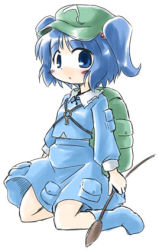 Rule 34 | 1girl, backpack, bag, boots, female focus, green hat, hat, kawashiro nitori, lowres, randoseru, rubber boots, simple background, solo, touhou, two side up, white background