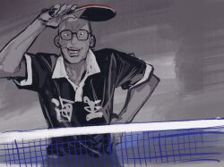 Rule 34 | 1boy, abstract background, arm up, bald, black eyes, canvas texture, collared shirt, commentary request, cowboy shot, glasses, greyscale, hand on own hip, highres, ikuhana niiro, looking at viewer, male focus, monochrome, no eyebrows, open mouth, paddle, ping pong (manga), polo shirt, sakuma manabu, shading eyes, shirt, short sleeves, smile, solo, spot color, standing, table tennis net, table tennis paddle, tsurime, uneven eyes