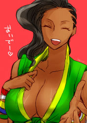 Rule 34 | 1girl, asymmetrical hair, black hair, breasts, capcom, cleavage, cornrows, dark skin, dark-skinned female, closed eyes, female focus, frogcage, front-tie top, large breasts, laura matsuda, long hair, open mouth, smile, solo, street fighter, street fighter v, upper body