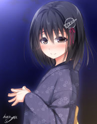 Rule 34 | 10s, 1girl, black hair, blush, brown eyes, haguro (kancolle), hair ornament, haryuu (poetto), japanese clothes, kantai collection, kimono, looking at viewer, own hands together, short hair, smile, solo, yukata
