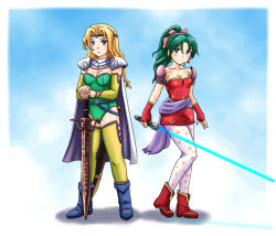 Rule 34 | 1990s (style), 2girls, blonde hair, boots, cape, celes chere, detached sleeves, female focus, final fantasy, final fantasy vi, fingerless gloves, gloves, green hair, leotard, long hair, multiple girls, ottosei, pantyhose, ponytail, shoulder pads, sword, thighhighs, tiara, tina branford, weapon