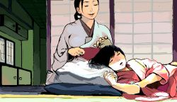 Rule 34 | black hair, cabinet, ichiren takushou, japanese clothes, kimono, kotetsu (gesogeso), lap pillow, mole, mole under eye, ninja, open mouth, original, pillow, pink kimono, retsu (gesogeso), sitting on pillow, sleeping, smile, tatami, white kimono