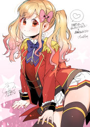 Rule 34 | 1girl, absurdres, aikatsu! (series), aikatsu stars!, arm support, black thighhighs, blonde hair, bow, bowtie, closed mouth, contrapposto, dated, epaulettes, fingernails, geshumaro, gradient hair, heart, highres, idol, jacket, long hair, long sleeves, looking at viewer, miniskirt, multicolored hair, nijino yume, open clothes, open jacket, orange eyes, pink bow, pink hair, pleated skirt, purple bow, purple bowtie, red jacket, signature, sitting, skirt, smile, solo, spoken heart, thighhighs