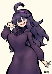 Rule 34 | 1girl, :d, @ @, ahoge, blush, breasts, chichibu (watson), commentary request, creatures (company), curvy, dress, game freak, hair between eyes, hairband, hand up, hex maniac (pokemon), large breasts, long dress, long hair, long sleeves, looking at viewer, messy hair, nintendo, npc trainer, open mouth, pokemon, pokemon xy, purple eyes, purple hair, purple hairband, smile, solo, tongue, turtleneck, wide hips