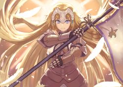 Rule 34 | 1girl, armor, backlighting, banner, blonde hair, blue eyes, breast curtains, breasts, commentary request, cowboy shot, fate/apocrypha, fate/grand order, fate (series), feathers, full armor, gauntlets, headpiece, highres, holding, janoukyo19, jeanne d&#039;arc (fate), jeanne d&#039;arc (ruler) (fate), jeanne d&#039;arc (third ascension) (fate), long hair, looking at viewer, medium breasts, ribbon, serious, solo, straight hair, sunlight, v-shaped eyebrows, very long hair, yellow ribbon
