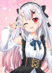 Rule 34 | 1girl, absurdres, alternate costume, armpits, cherry blossoms, commentary request, fingernails, hair between eyes, highres, hololive, horns, long hair, looking at viewer, nakiri ayame, nakiri ayame (girly), one eye closed, open mouth, pink background, red eyes, ribbon, silver hair, simple background, skin-covered horns, solo, v, virtual youtuber, yukikawa sara