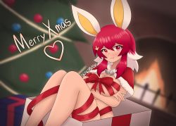 Rule 34 | 1girl, absurdres, christmas, cinderace, creatures (company), embarrassed, female focus, game freak, gen 8 pokemon, highres, naked ribbon, nearly naked ribbon, nintendo, nude, personification, pokemon, ribbon, sealsplash, sitting