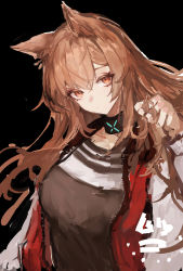 Rule 34 | 1girl, absurdres, alternate hairstyle, amayouri, angelina (arknights), animal ears, arknights, black background, black shirt, breasts, brown eyes, brown hair, closed mouth, coat, collar, eyebrows hidden by hair, fox ears, hair down, hand in own hair, hand up, highres, infection monitor (arknights), jacket, large breasts, long hair, long sleeves, looking at viewer, open clothes, open coat, open jacket, red jacket, shirt, simple background, solo, unzipped, white coat