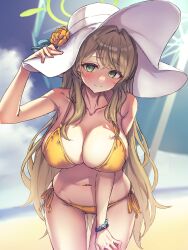 Rule 34 | 1girl, bare arms, bare legs, bare shoulders, beach, bikini, blue archive, blush, breasts, cleavage, closed mouth, collarbone, cowboy shot, day, green eyes, green halo, halo, hat, highres, large breasts, light brown hair, long hair, navel, nonomi (blue archive), nonomi (swimsuit) (blue archive), ocean, official alternate costume, outdoors, ryuinu, side-tie bikini bottom, smile, solo, swimsuit, white hat, yellow bikini