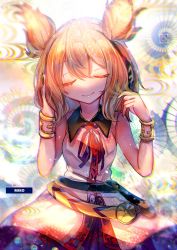 Rule 34 | 1girl, abstract background, bare shoulders, blurry, bracelet, brown hair, chromatic aberration, closed eyes, cowboy shot, depth of field, earmuffs, hands up, highres, itsumizu, jewelry, medium hair, pointy hair, smile, solo, touhou, toyosatomimi no miko
