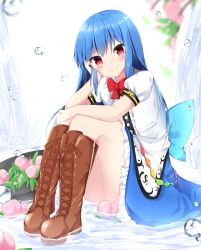 Rule 34 | 1girl, apron, blue eyes, blue skirt, blurry, blurry background, blush, boots, bow, bowtie, cross-laced footwear, dot nose, food, fruit, hair between eyes, hand on own cheek, hand on own face, unworn headwear, highres, hinanawi tenshi, in water, knee boots, lace-up boots, legs together, looking at viewer, peach, puffy short sleeves, puffy sleeves, red bow, red bowtie, red eyes, sabana, shirt, short sleeves, sitting, skirt, smile, solo, touhou, water, water drop, waterfall, white shirt, zipper