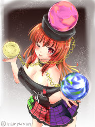 Rule 34 | 1girl, ;p, bare shoulders, black shirt, blush, breasts, chain, cleavage, clothes writing, collar, collarbone, cowboy shot, earth (ornament), frilled skirt, frills, from above, hecatia lapislazuli, highres, large breasts, long hair, looking at viewer, miniskirt, moon (ornament), multicolored clothes, multicolored skirt, off-shoulder shirt, off shoulder, one eye closed, plaid, plaid skirt, ramudia (lamyun), red eyes, red hair, shirt, sidelocks, skirt, solo, t-shirt, tongue, tongue out, touhou, twitter username
