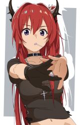 Rule 34 | 1girl, arknights, black gloves, black shirt, dragon horns, drawdrawdeimos, gloves, highres, horns, long hair, looking at viewer, midriff, puffy short sleeves, puffy sleeves, purple eyes, red hair, shirt, short sleeves, solo, surtr (arknights), upper body