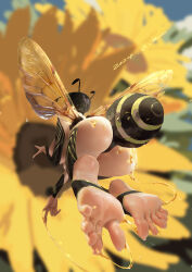 Rule 34 | 1girl, absurdres, ass, barefoot, bee, bee girl, black hair, bug, feet, flower, highres, honey, insect, insect girl, sang delan, short hair, soles, sunflower, toes