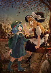 Rule 34 | 2girls, absurdres, apron, arm up, backpack, bag, black footwear, black skirt, black vest, blonde hair, blue footwear, blue hair, blue shirt, blue skirt, blunt bangs, boots, broom, cobblestone, commentary request, ekaapetto, fence, flat cap, full body, green background, green eyes, green headwear, hair bobbles, hair ornament, hat, highres, index finger raised, ironwork, kawashiro nitori, kirisame marisa, lamppost, long hair, looking at another, multiple girls, open mouth, outdoors, puffy short sleeves, puffy sleeves, rubber boots, shirt, short hair, short sleeves, sitting, skirt, standing, touhou, town, twilight, twintails, very long hair, vest, waist apron, wall, well, white shirt, witch hat, yellow eyes