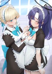 Rule 34 | 2girls, absurdres, apron, black dress, blonde hair, blue archive, blue bow, blue bowtie, blue eyes, blush, bow, bowtie, breasts, cafenami, closed mouth, dress, frilled apron, frilled dress, frills, halo, highres, long hair, long sleeves, maid apron, mechanical halo, medium breasts, multiple girls, one eye closed, open mouth, ponytail, puffy short sleeves, puffy sleeves, purple eyes, purple hair, short sleeves, toki (blue archive), white apron, yuuka (blue archive)