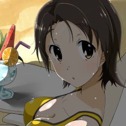 Rule 34 | 1girl, bikini, breasts, brown eyes, brown hair, chain, cleavage, commentary request, day, drinking straw, face, food, from side, fruit, glasses, light frown, looking at viewer, medium breasts, nana (manaita koumuten), orange (fruit), outdoors, parted bangs, parted lips, sandals, sawa azusa, short hair, sitting, solo, swimsuit, table, watermelon, wet, yellow bikini