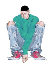 Rule 34 | 1boy, black hair, buzz cut, denim, full body, green eyes, green sweater, hand on own cheek, hand on own face, highres, jeans, male focus, nolja cz, pants, sawakita eiji, short hair, simple background, sitting, slam dunk (series), solo, sweater, torn clothes, torn jeans, torn pants, untied footwear, very short hair, white background