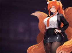 Rule 34 | 1futa, animal ears, animal penis, black skirt, borrowed character, breasts, brown pantyhose, bulge, business suit, closed mouth, collared shirt, commission, erection, erection under clothes, formal, fox ears, fox girl, fox tail, futanari, glooz art, hand on own hip, highres, horse penis, large breasts, long hair, long sleeves, looking at viewer, necktie, orange eyes, orange hair, orange necktie, original, pantyhose, pencil skirt, penis, penis in pantyhose, ponytail, shirt, skirt, solo, suit, tail, testicles, torn clothes, torn pantyhose, white shirt