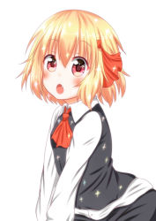 Rule 34 | 1girl, :o, absurdres, blonde hair, fang, hair ribbon, highres, red eyes, ribbon, rumia, scarlet mirin, shirt, short hair, simple background, skirt, solo, sparkle, touhou, vest, white background