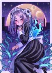 Rule 34 | 1girl, absurdres, apron, black nails, bloody marie (skullgirls), brooch, cityscape, dress, frilled apron, frilled dress, frills, grey hair, hair ornament, hakainoika, highres, jewelry, juliet sleeves, long sleeves, looking at viewer, lying, maid apron, maid headdress, mary janes, moon, on side, puffy sleeves, red eyes, ribs, shoes, skeletal arm, skull hair ornament, skullgirls, solo, sparkle, star (sky), twintails