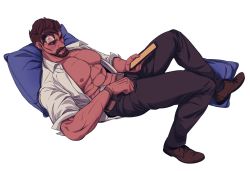 Rule 34 | 1boy, abs, bandaid, bandaid on face, bandaid on forehead, bare pectorals, beard, belt, black pants, brown hair, collared shirt, dark-skinned male, dark skin, facial hair, facial scar, holding, holding tablet pc, large pectorals, lying, male focus, muscular, muscular male, mustache, navel, nez, nipples, on back, overwatch, overwatch 1, pants, pectorals, pillow, reaper (overwatch), scar, scar on cheek, scar on face, shirt, short hair, solo, tablet pc, watch, white background, white shirt, wristwatch