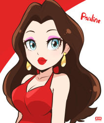 Rule 34 | 1girl, bare shoulders, breasts, brown hair, character name, cleavage, closed mouth, collarbone, dated, donkey kong (1981 game), donkey kong (series), dress, earrings, eyelashes, eyeshadow, gold earrings, halter dress, halterneck, highres, jewelry, large breasts, lips, lipstick, long hair, looking at viewer, makeup, mario (series), nintendo, pauline (mario), pink eyeshadow, red background, red dress, red lips, sleeveless, sleeveless dress, smile, solo, teru suzu, thick lips, upper body, white background