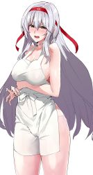 Rule 34 | 10s, 1girl, apron, bare shoulders, blush, breast hold, breasts, brown eyes, cameltoe, cleavage, female focus, hairband, jewelry, kantai collection, large breasts, long hair, looking at viewer, naked apron, open mouth, ring, ruuto (sorufu), shoukaku (kancolle), sideboob, silver hair, solo, standing, very long hair, wedding band