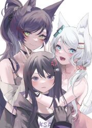 Rule 34 | 3girls, anger vein, angry, animal ear fluff, animal ears, bare shoulders, black bra, black choker, black gloves, black hair, black scrunchie, black skirt, blue eyes, blush, bra, breasts, cat hair ornament, character name, choker, cleavage, closed mouth, clothes writing, d-pad, d-pad hair ornament, dress, fang, fingerless gloves, fingernails, fox ears, fox girl, fox tail, gloves, green eyes, grey shirt, hair between eyes, hair ornament, hairclip, heart, heart necklace, height difference, highres, hood, hooded jacket, hug, jacket, jewelry, ksp (vtuber), large breasts, long fingernails, long hair, long sleeves, looking at viewer, meridian project, middle finger, mizuki (vtuber), multiple girls, nail polish, necklace, off shoulder, official alternate costume, open clothes, open mouth, open shirt, pink dress, pink nails, ponytail, purple eyes, purple hair, purple nails, scrunchie, seki (vtuber), shirt, skirt, smile, swept bangs, tail, tokkieee qian, underwear, v, virtual youtuber, white hair