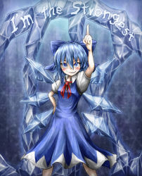Rule 34 | circled 9, 1girl, bad id, bare legs, blue dress, blue eyes, blue hair, blush, cirno, dress, english text, fairy, female focus, grin, hair ornament, hair ribbon, highres, ice, ice wings, matching hair/eyes, pointing, pointing up, ray-k, ribbon, roman numeral, skirt, smile, solo, touhou, wings