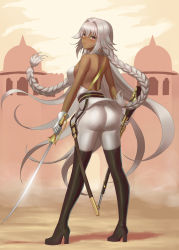 Rule 34 | 1girl, ahoge, arisku, ass, back, backless outfit, bare shoulders, belt, black footwear, blush, boots, braid, breasts, closed mouth, commentary request, dark-skinned female, dark skin, fate/grand order, fate (series), full body, gloves, gun, hair between eyes, hair intakes, highres, lakshmibai (fate), large breasts, long hair, looking at viewer, looking back, pants, red eyes, rifle, sheath, skin tight, sleeveless, solo, sword, thigh boots, thighhighs, twin braids, very long hair, weapon, white hair, white pants