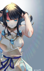 Rule 34 | 1girl, aona (anagasaki), armpits, arms behind head, arms up, bare shoulders, black hair, blue eyes, blue ribbon, blush, breasts, collarbone, dress, fate/grand order, fate/requiem, fate (series), fundoshi, gradient background, grey background, hands in hair, japanese clothes, jewelry, large breasts, looking at viewer, magatama, magatama hair ornament, medium hair, multicolored hair, necklace, parted lips, pelvic curtain, pink hair, ribbon, seigaiha, short dress, sideboob, sideless outfit, sleeveless, sleeveless dress, streaked hair, thighs, two-sided fabric, two-sided skirt, utsumi erice, white dress