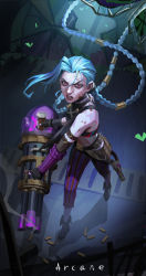 Rule 34 | 1girl, absurdres, arcane: league of legends, blood, blood on clothes, blood on face, blue hair, boots, braid, bullet, chinese commentary, commentary request, crack, cracked glass, detached sleeves, fingerless gloves, from above, full body, gatling gun, gloves, highres, holding, holding weapon, jing zhou, jinx (league of legends), league of legends, lips, long hair, looking at viewer, looking up, minigun, open mouth, red eyes, solo, teeth, tooth gap, twin braids, weapon