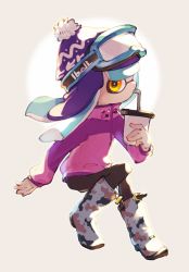 Rule 34 | 1girl, absurdres, blue hair, bobblehat, boots, camouflage, camouflage footwear, cup, drinking straw, drinking straw in mouth, full body, goggles, goggles on headwear, hat, highres, holding, holding cup, inari1369, inkling, inkling girl, inkling player character, light blue hair, long hair, long sleeves, nintendo, purple hat, ski goggles, solo, splatoon (series), tentacle hair, yellow eyes