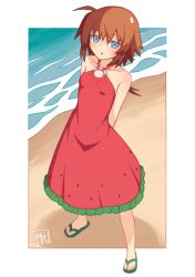 Rule 34 | 1girl, :o, arms behind back, artist name, beach, blue eyes, brown hair, casual, commentary, day, dress, food print, frilled dress, frills, full body, green footwear, halterneck, hibun tsukasa, looking at viewer, lyrical nanoha, mahou shoujo lyrical nanoha, mahou shoujo lyrical nanoha a&#039;s, mahou shoujo lyrical nanoha a&#039;s portable: the battle of aces, stern the destructor, medium dress, outdoors, outside border, parted lips, print dress, red dress, sandals, short hair, signature, solo, standing, water, watermelon print