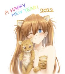 Rule 34 | 1girl, 1other, 2022, absurdres, animal, animal ears, animal print, baumku techen, blue eyes, blush, breasts, brown hair, chinese zodiac, fang, hair between eyes, happy, happy new year, highres, long hair, looking at viewer, neon genesis evangelion, new year, one eye closed, simple background, small breasts, smile, souryuu asuka langley, tiger, tiger ears, tiger print, very long hair, wink, year of the tiger