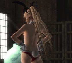 Rule 34 | 1girl, 3d, animated, animated gif, blonde hair, blue eyes, breasts, dead or alive, detached collar, fake ears, female focus, glasses, gloves, hands on own hips, indoors, lowres, marie rose, navel, nipples, rabbit tail, small breasts, solo, standing, tail, tecmo, topless, twintails, window