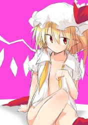 Rule 34 | 1girl, ascot, blonde hair, bottomless, chipa (arutana), female focus, flandre scarlet, hat, highres, open clothes, open shirt, red eyes, ribbon, shirt, short hair, side ponytail, sketch, skirt, unworn skirt, solo, touhou, wings