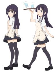 Rule 34 | 1girl, :o, absurdres, apron, collared shirt, cup, drinking glass, full body, glass, highres, ice, ice cube, long hair, looking at viewer, multiple views, plate, purple eyes, purple hair, shirt, simple background, solo focus, thighhighs, villdona, walking, white background, working!!, yamada aoi, zettai ryouiki