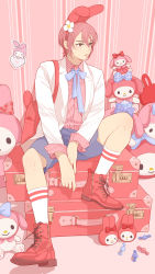 Rule 34 | 1boy, ace of diamond, animal ears, backpack, bag, blue shorts, boots, brown eyes, fake animal ears, highres, jacket, kominato haruichi, male focus, my melody, onegai my melody, open clothes, open jacket, parted lips, pink hair, pink shirt, sanrio, shirt, short hair, shorts, sitting, socks, solo, stuffed toy, twoframe, white jacket