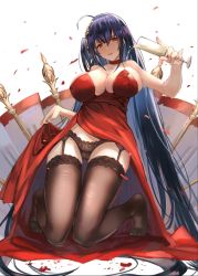 Rule 34 | 1girl, ahoge, alcohol, azur lane, bare shoulders, black hair, black panties, black thighhighs, blush, breasts, cameltoe, champagne flute, choker, cleavage, clothes lift, collarbone, covered erect nipples, cup, dress, dress lift, drinking glass, garter straps, hair between eyes, hair ornament, head tilt, highres, holding, holding cup, huge breasts, kakumayu, kneeling, lace, lace-trimmed legwear, lace panties, lace trim, large breasts, lifting own clothes, long hair, looking at viewer, no shoes, official alternate costume, one side up, open mouth, panties, petals, pinky out, pouring, pouring onto self, red dress, red eyes, ribbon, sidelocks, simple background, skindentation, smile, solo, taihou (azur lane), taihou (forbidden feast) (azur lane), thighhighs, thighs, underwear, very long hair, white background