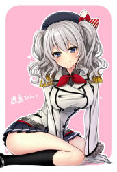 Rule 34 | 10s, 1girl, arm support, blue eyes, blush, breasts, character name, epaulettes, female focus, gloves, hat, heart, highres, kantai collection, kashima (kancolle), looking at viewer, medium breasts, pink background, short hair, silver hair, sitting, smile, socks, solo, translation request, twintails, two side up, uzu hi, wariza, wavy hair, white gloves