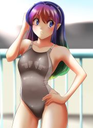 Rule 34 | 1girl, absurdres, alternate costume, black one-piece swimsuit, blue eyes, blue hair, blurry, collarbone, competition swimsuit, cone horns, contrapposto, cowboy shot, depth of field, gradient hair, green hair, grey one-piece swimsuit, hand on own hip, highres, horns, long hair, looking to the side, lum, multicolored hair, nanao futaba, one-piece swimsuit, oni, pointy ears, railing, solo, split mouth, standing, swimsuit, urusei yatsura