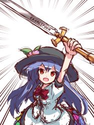 Rule 34 | 1girl, :d, apron, blouse, blue dress, blue hair, dress, excalibur (mythology), final fantasy, food, fruit, hat, hinanawi tenshi, leaf, long hair, lowres, open mouth, parody, peach, rainbow order, red eyes, ryogo, shirt, short sleeves, smile, solo, sword, sword of hisou, touhou, weapon, white background