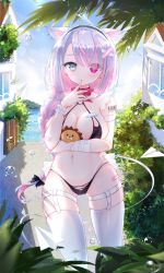 Rule 34 | 1girl, absurdres, ahoge, animal ears, artist request, bandages, bandaid, barcode, barcode tattoo, bikini, braid, breasts, cable, cable tail, cat ears, cleavage, crosshair eyes, earrings, finger to mouth, garter straps, grey eyes, heterochromia, highres, horizon, indie virtual youtuber, jewelry, large breasts, lolo (vtuber), long hair, mechanical tail, micro bikini, multicolored hair, navel, o-ring, o-ring bikini, ocean, palm tree, pink eyes, pink hair, silver hair, skindentation, solo, stuffed animal, stuffed lion, stuffed toy, swimsuit, tail, tattoo, thigh strap, thighhighs, tree, very long hair, virtual youtuber, water drop, white thighhighs