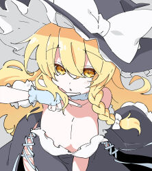 Rule 34 | 1girl, adapted costume, alternate breast size, bare shoulders, black hat, black skirt, blonde hair, blush, bow, braid, breasts, choker, cleavage, collarbone, commentary, detached sleeves, fingerless gloves, futoumeido, gloves, grey background, grey gloves, hair between eyes, hair bow, hand up, hat, hat bow, hat ribbon, highres, kirisame marisa, large bow, large breasts, large hat, long hair, looking at viewer, puffy short sleeves, puffy sleeves, ribbon, shirt, short sleeves, side-tie skirt, side braid, simple background, single braid, skirt, solo, touhou, v, white bow, white choker, white ribbon, white shirt, witch hat, yellow eyes